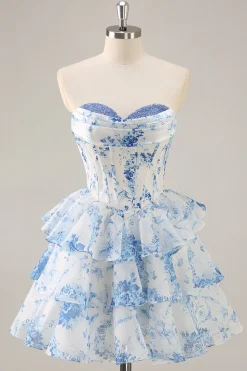Branco Azul Flor A-Line Espartilho Sem Alças Tiered Vestido Curto Homecoming