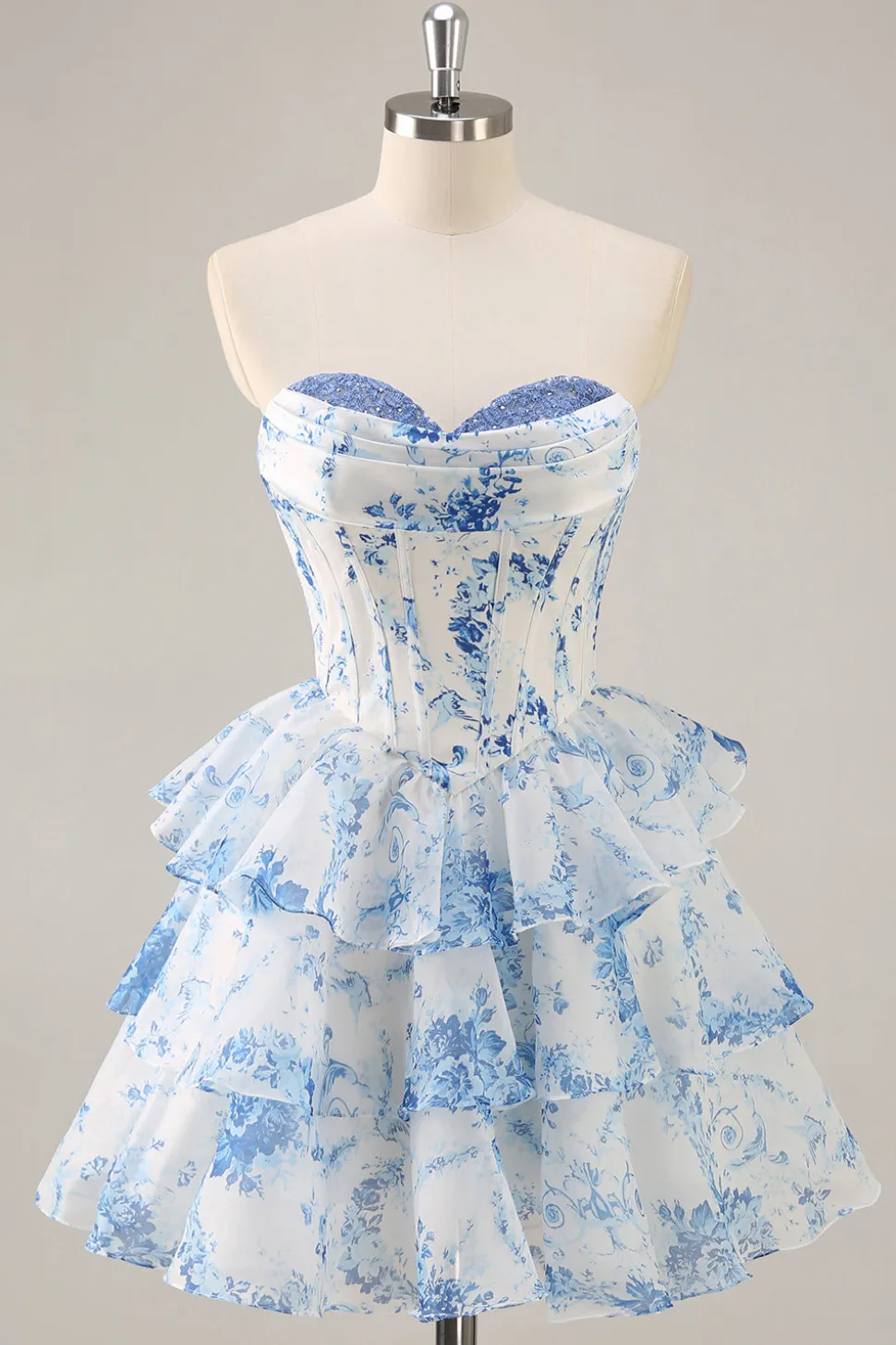 Branco Azul Flor A-Line Espartilho Sem Alças Tiered Vestido Curto Homecoming