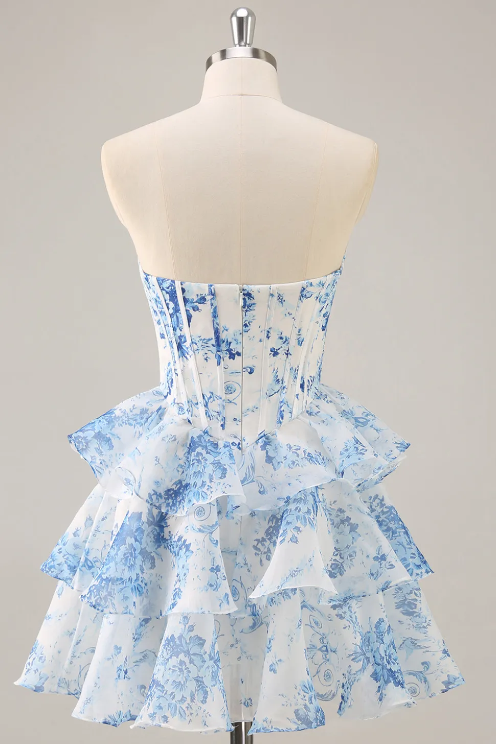 Branco Azul Flor A-Line Espartilho Sem Alças Tiered Vestido Curto Homecoming