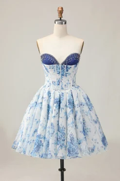Branco Azul Flor A-Line Strapless estampado frisado Homecoming Dress