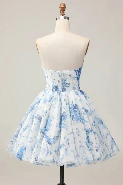 Branco Azul Flor A-Line Strapless estampado frisado Homecoming Dress