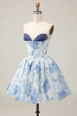 Branco Azul Flor A-Line Strapless estampado frisado Homecoming Dress