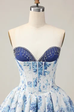 Branco Azul Flor A-Line Strapless estampado frisado Homecoming Dress