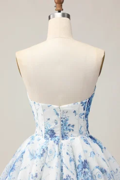Branco Azul Flor A-Line Strapless estampado frisado Homecoming Dress