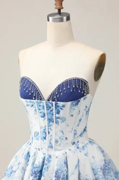 Branco Azul Flor A-Line Strapless estampado frisado Homecoming Dress
