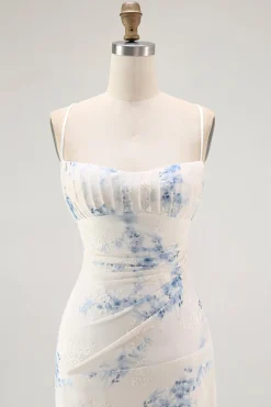 Branco azul flor bainha veludo burnout espartilho vestido de casamento convidado