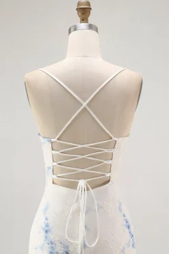Branco azul flor bainha veludo burnout espartilho vestido de casamento convidado