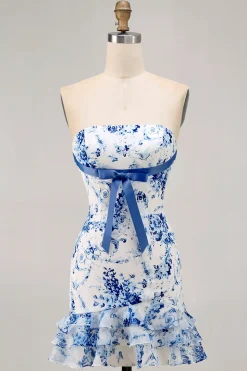 Branco Azul Flor Bodycon Strapless Impresso Vestido Curto Homecoming
