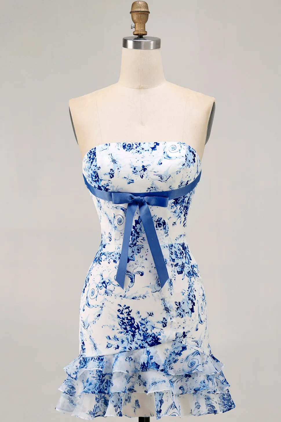 Branco Azul Flor Bodycon Strapless Impresso Vestido Curto Homecoming