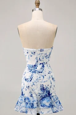 Branco Azul Flor Bodycon Strapless Impresso Vestido Curto Homecoming