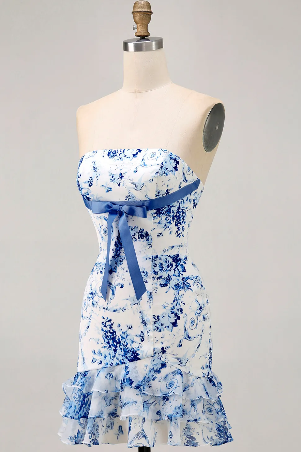 Branco Azul Flor Bodycon Strapless Impresso Vestido Curto Homecoming