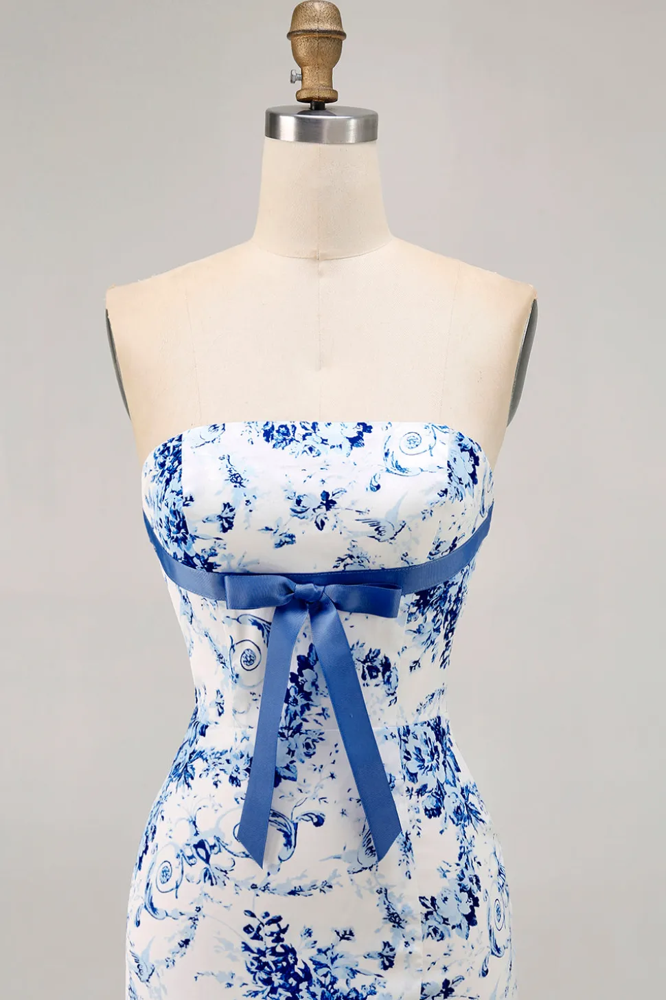 Branco Azul Flor Bodycon Strapless Impresso Vestido Curto Homecoming