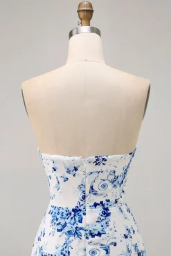 Branco Azul Flor Bodycon Strapless Impresso Vestido Curto Homecoming