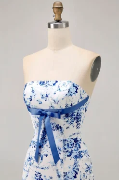Branco Azul Flor Bodycon Strapless Impresso Vestido Curto Homecoming