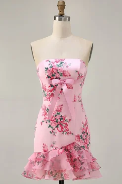Branco Azul Flor Bodycon Strapless Impresso Vestido Curto Homecoming