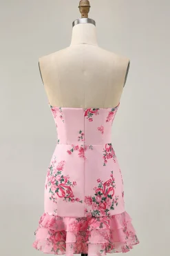 Branco Azul Flor Bodycon Strapless Impresso Vestido Curto Homecoming