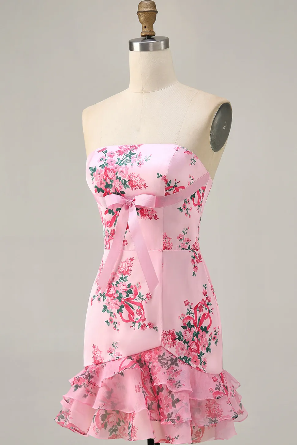 Branco Azul Flor Bodycon Strapless Impresso Vestido Curto Homecoming