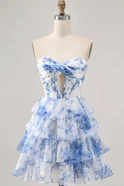 Branco Azul Flor Corset Cut out Strapless Homecoming Dress