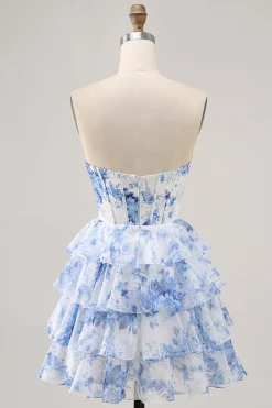 Branco Azul Flor Corset Cut out Strapless Homecoming Dress
