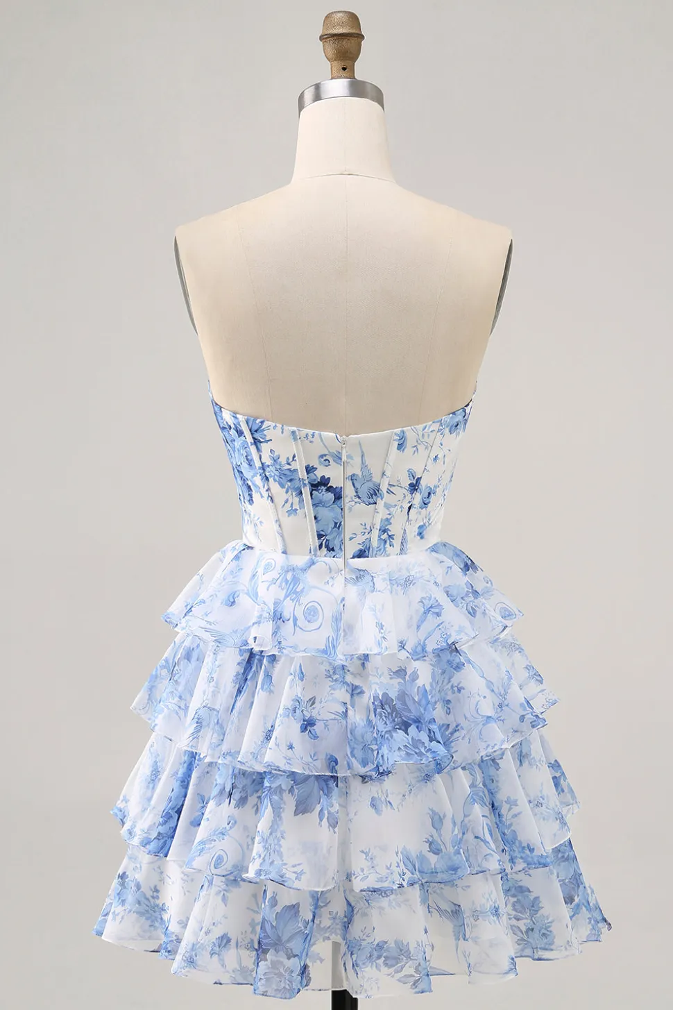 Branco Azul Flor Corset Cut out Strapless Homecoming Dress