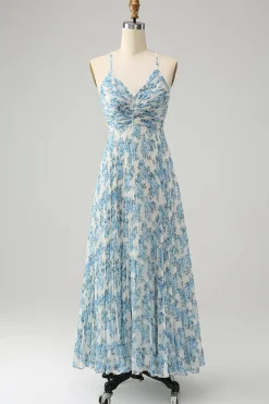 Branco Azul Flor Esparguete Correias Uma Linha Vestido de Noiva Convidado