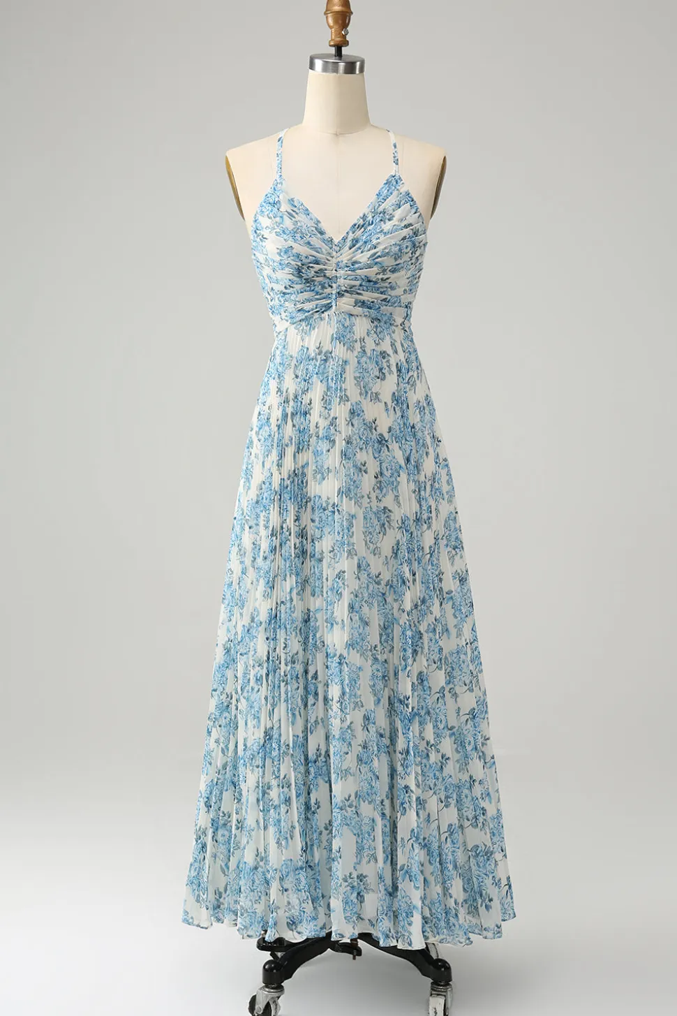 Branco Azul Flor Esparguete Correias Uma Linha Vestido de Noiva Convidado