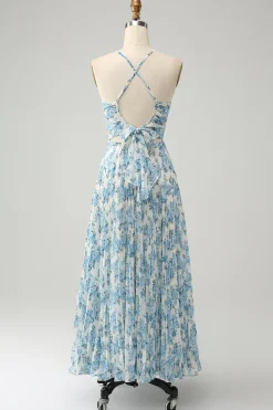 Branco Azul Flor Esparguete Correias Uma Linha Vestido de Noiva Convidado