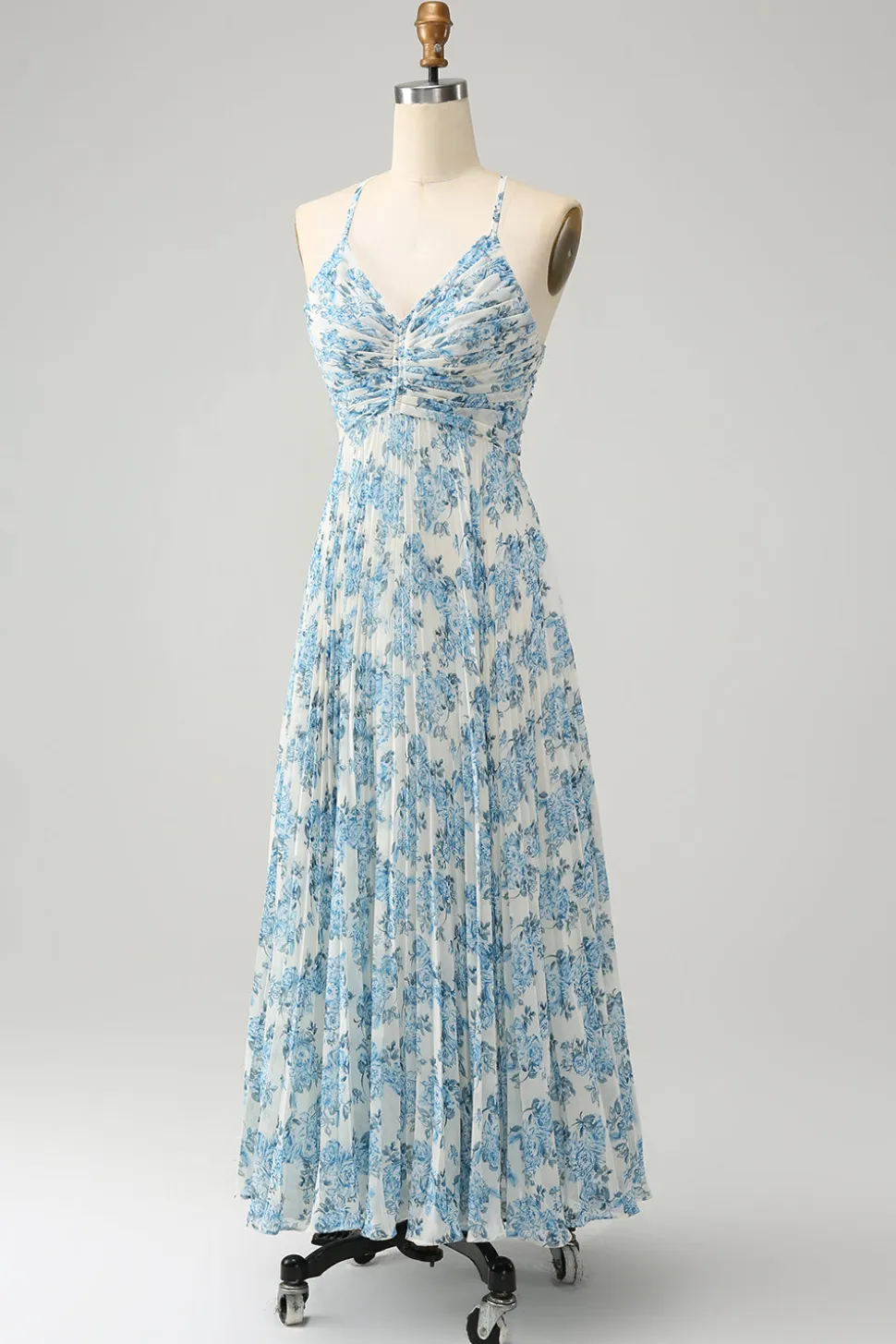 Branco Azul Flor Esparguete Correias Uma Linha Vestido de Noiva Convidado