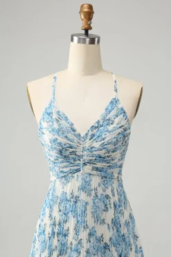 Branco Azul Flor Esparguete Correias Uma Linha Vestido de Noiva Convidado