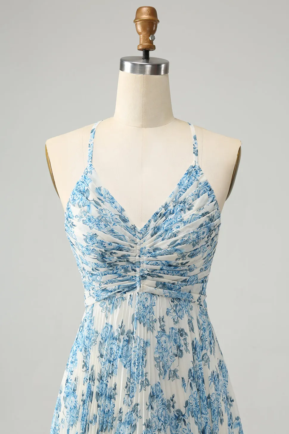 Branco Azul Flor Esparguete Correias Uma Linha Vestido de Noiva Convidado