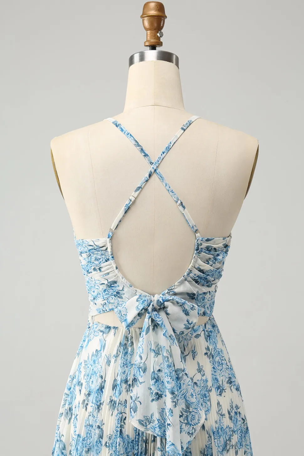 Branco Azul Flor Esparguete Correias Uma Linha Vestido de Noiva Convidado