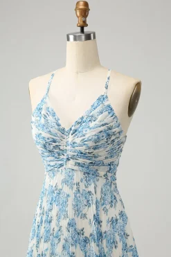 Branco Azul Flor Esparguete Correias Uma Linha Vestido de Noiva Convidado