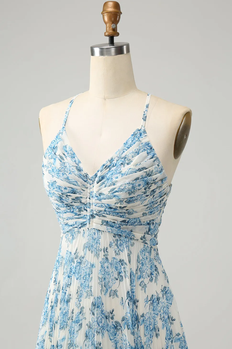Branco Azul Flor Esparguete Correias Uma Linha Vestido de Noiva Convidado