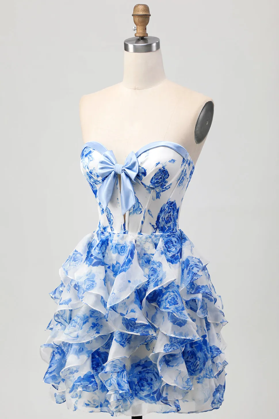 Branco Azul Floral A-line Strapless Ruffle Cut out Homecoming Dress com Arco