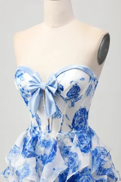 Branco Azul Floral A-line Strapless Ruffle Cut out Homecoming Dress com Arco