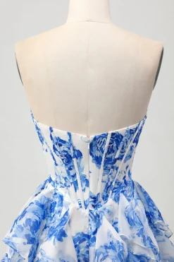 Branco Azul Floral A-line Strapless Ruffle Cut out Homecoming Dress com Arco