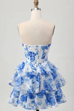 Branco Azul Floral A-line Sweetheart Corset Tiered Vestido Curto Homecoming