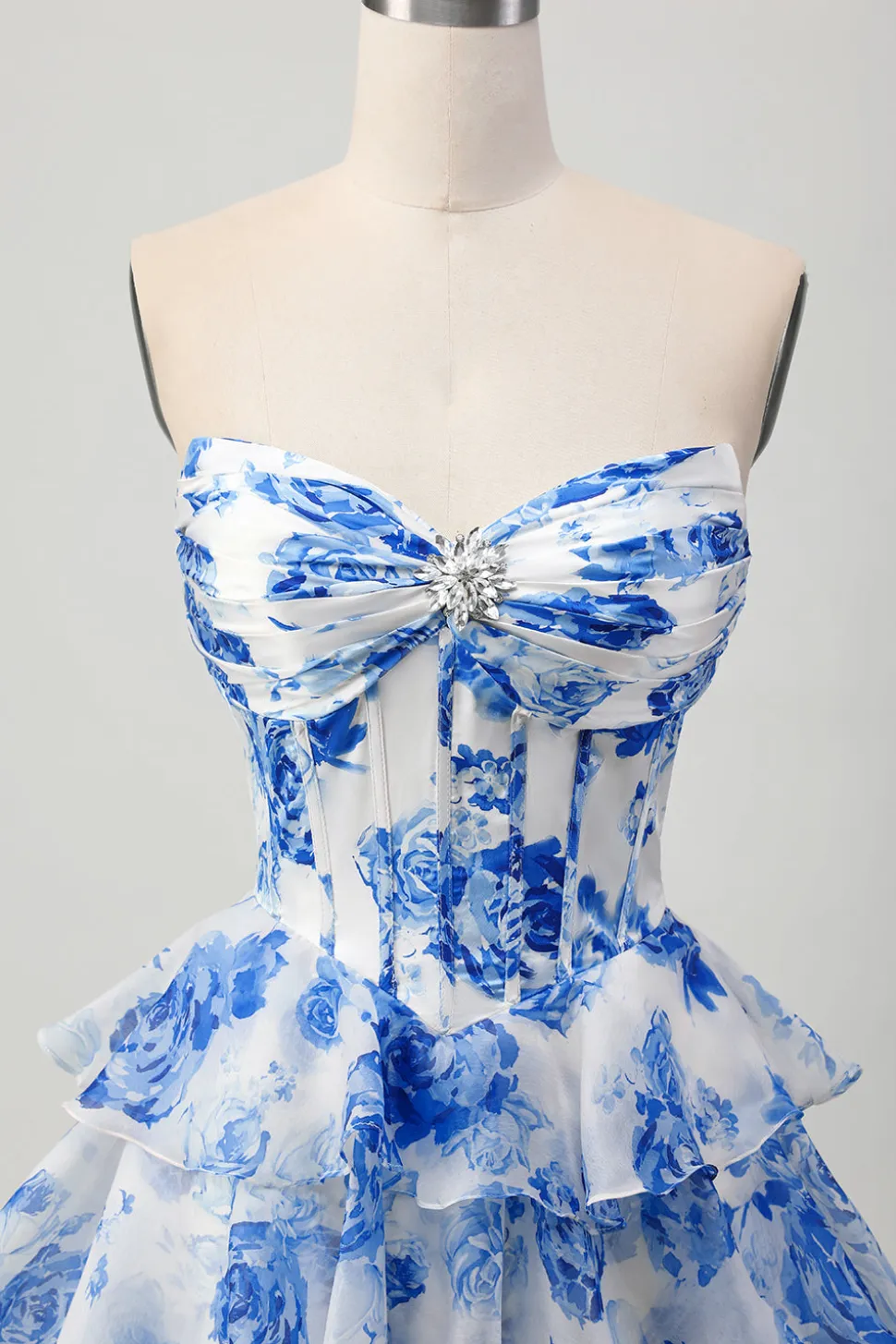 Branco Azul Floral A-line Sweetheart Corset Tiered Vestido Curto Homecoming