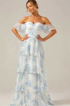 Branco azul floral Boho Chiffon babado longo vestido de dama de honra