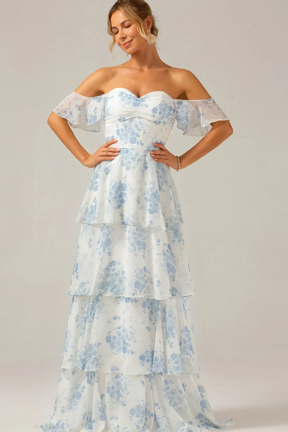 Branco azul floral Boho Chiffon babado longo vestido de dama de honra