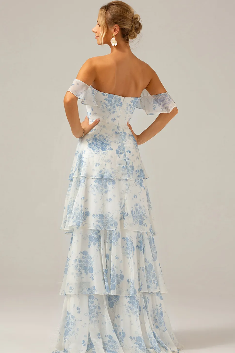 Branco azul floral Boho Chiffon babado longo vestido de dama de honra