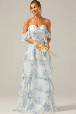 Branco azul floral Boho Chiffon babado longo vestido de dama de honra