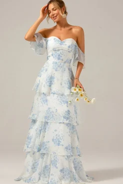 Branco azul floral Boho Chiffon babado longo vestido de dama de honra