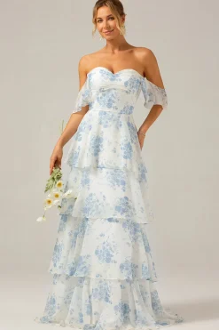 Branco azul floral Boho Chiffon babado longo vestido de dama de honra