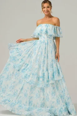 Branco azul floral fora do ombro Boho longo vestido de dama de honra com babados