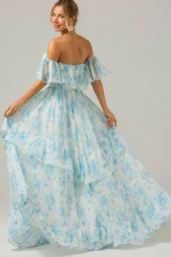 Branco azul floral fora do ombro Boho longo vestido de dama de honra com babados