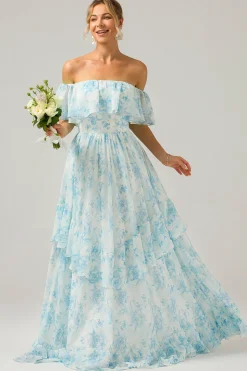 Branco azul floral fora do ombro Boho longo vestido de dama de honra com babados