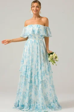 Branco azul floral fora do ombro Boho longo vestido de dama de honra com babados
