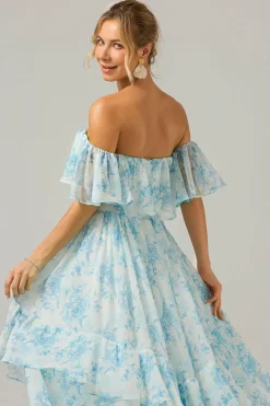 Branco azul floral fora do ombro Boho longo vestido de dama de honra com babados