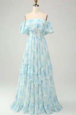 Branco azul floral fora do ombro tiered longo vestido de dama de honra
